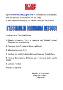 Assemblea ordinaria dei Soci. Domenica 16 giugno 2019